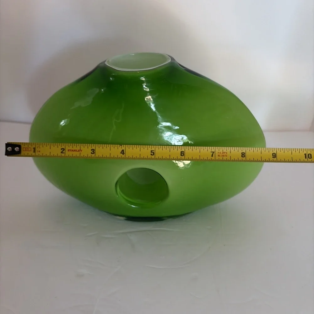 Vintage Green Glass Cased Hand Blown Art Glass Donut Hole Vase MCM Style